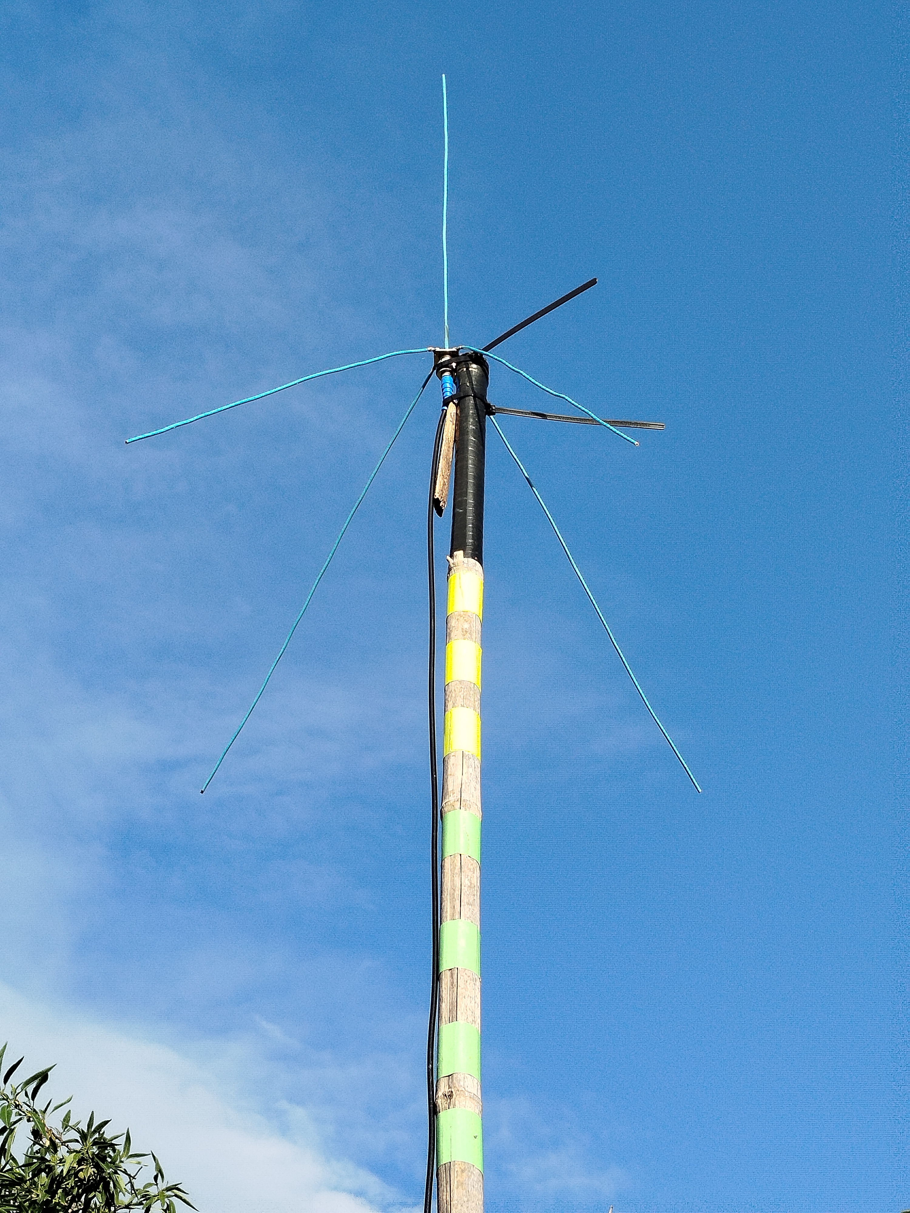 Antenne 1/4 d'onde au sommet d'un mat en bambou